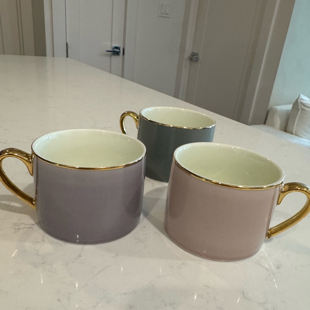 H&M Home Ceramic Mugs with Gold Handle - Set of 3 (Pastels: Pink, Purple, Green)